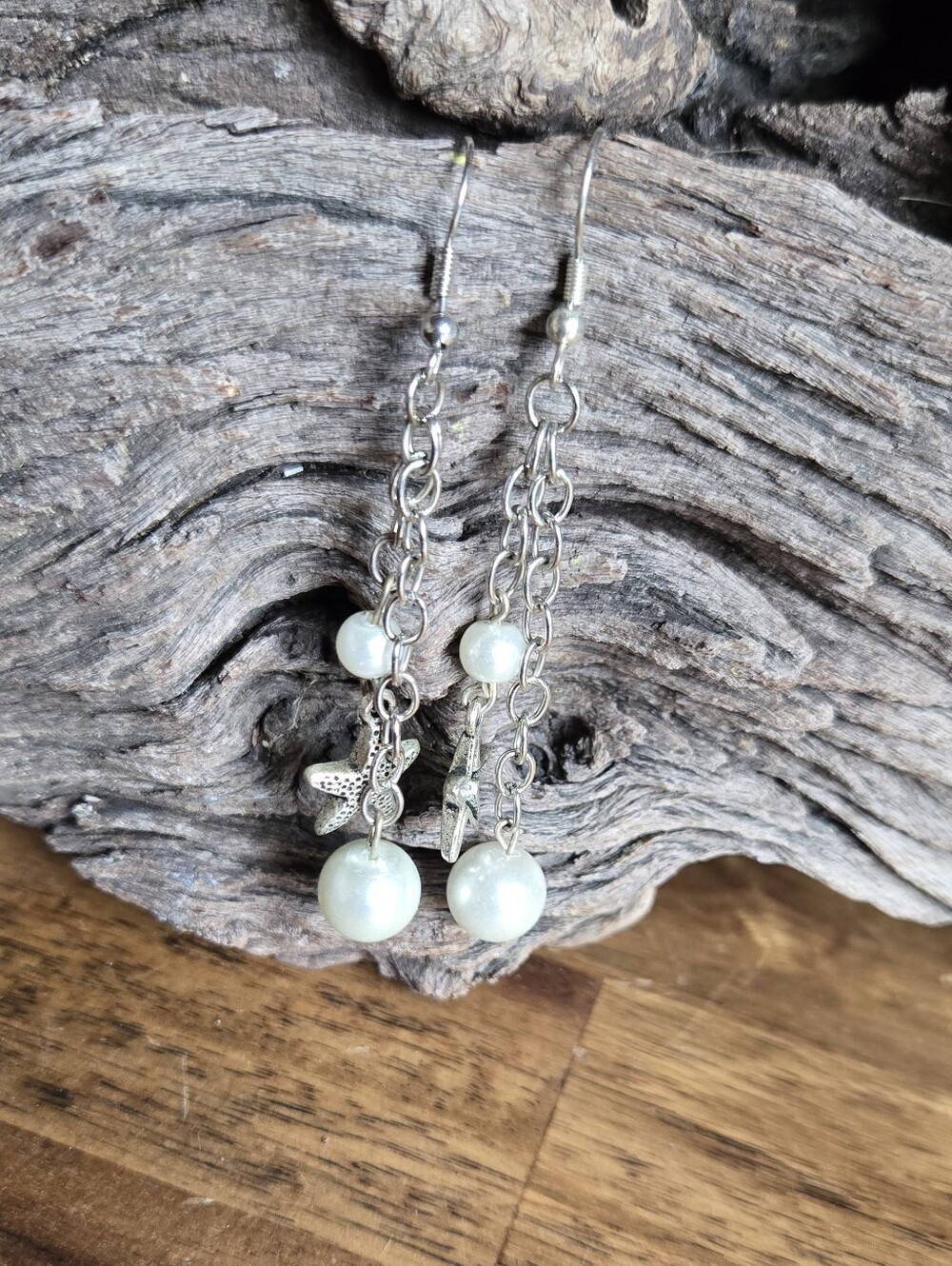 Silver Chain Drop Earrings with White Pearl Beads